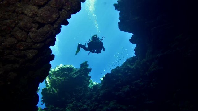 cave diving underwater scuba divers exploring cave dive