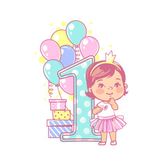 One year girl standing near large number 1. First year celebration. Little girl's birthday. Cute toddler girl wearing tutu skirt. Air balloons, gifts, crown, bright color. Party. Vector illustration.