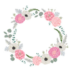 Decorative holiday wreath set with flowers, leaves and branches. Vintage  floral elements. Vector illustration in watercolor style