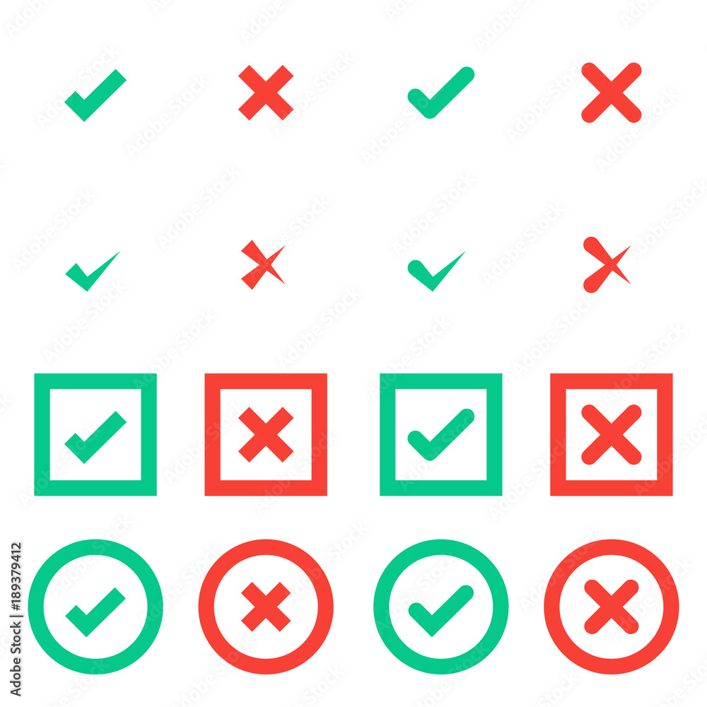 Poster green tick and red cross checkmarks in circle and square flat icons.