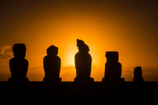 Moai in the Ahu Tahai during the sunset, Easter Island, Chile, South America