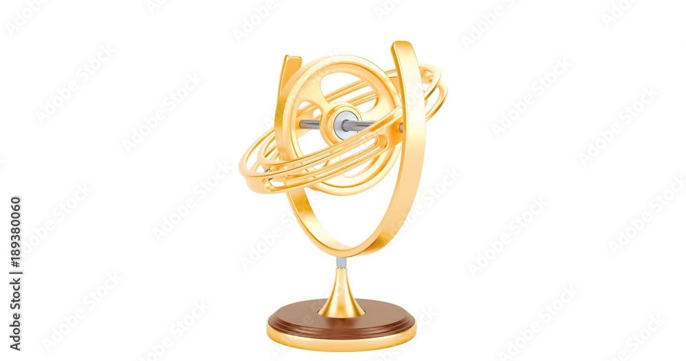 Poster rotating golden gyroscope, 4k animation. 3d rendering isolated on white background