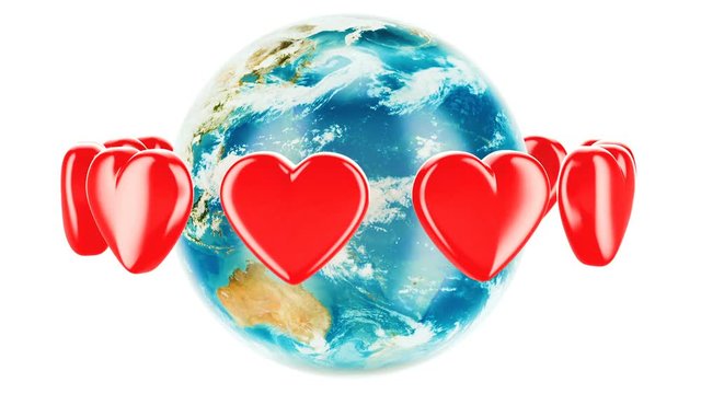 Earth globe with red hearts around, animation concept. 3D rendering isolated on white background