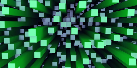 3d-Illustration einer Struktur, die einer futuristischen Stadt ähnelt, und die aus Hunderten von grünlichen, länglichen Quadern mit quadratischer Grundfläche besteht