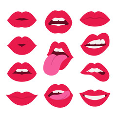 Red lips collection. Vector illustration of sexy woman's lips expressing different emotions, such as smile, kiss, half-open mouth, biting lip, lip licking, tongue out. Isolated on white. - obrazy, fototapety, plakaty