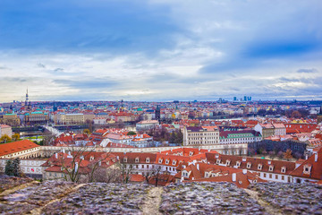 The aerial panorama of roofs at old town Prague, Czech republic