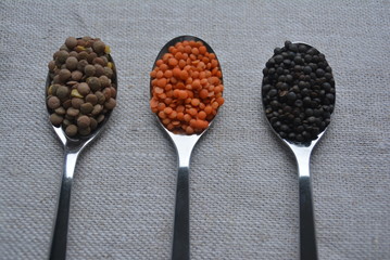 Bunte Linsen auf drei Löffeln liegen auf einem Leinentuch