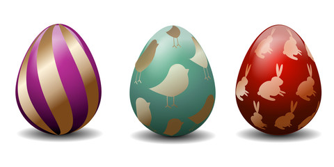 Happy Easter.Set of Easter eggs with different texture on a white background.Spring holiday. Vector Illustration.Happy easter eggs