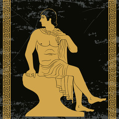 Ancient Greek man sits on a rock and looks away. Vector gold pattern on a black background with the aging effect stylized as an antique painting.