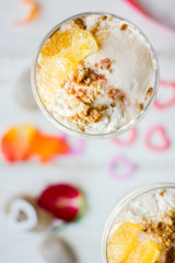 Beautiful dessert for Valentine's day - ice cream with orange.
