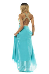 Full body portrait of a beautiful young african woman in a turquoise dress