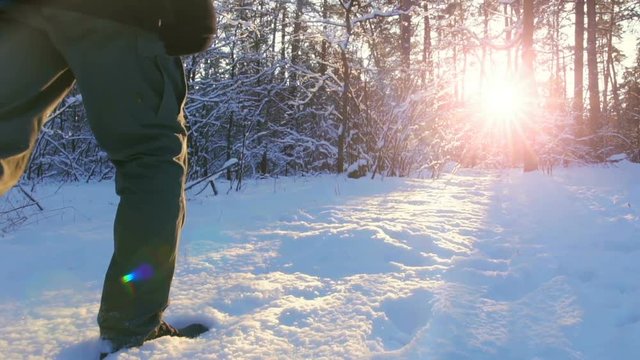 Hiking in the deep snow in winter. Close-up of feet walking in snowy mountain forest on sunset. Winter Journey Adventure.