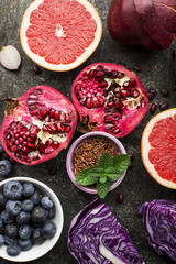 Different vegetables and fruits of purple, pink and purple color for a healthy diet. Vitamin-rich Anthocyanins for blood and cardiovascular system. Color of the year. Top Violet