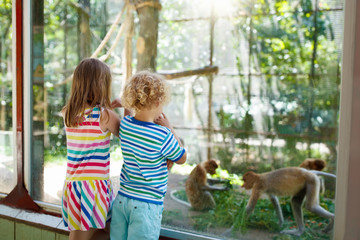 Fototapeta premium Boy and girl with monkey at zoo. Kids and animals.