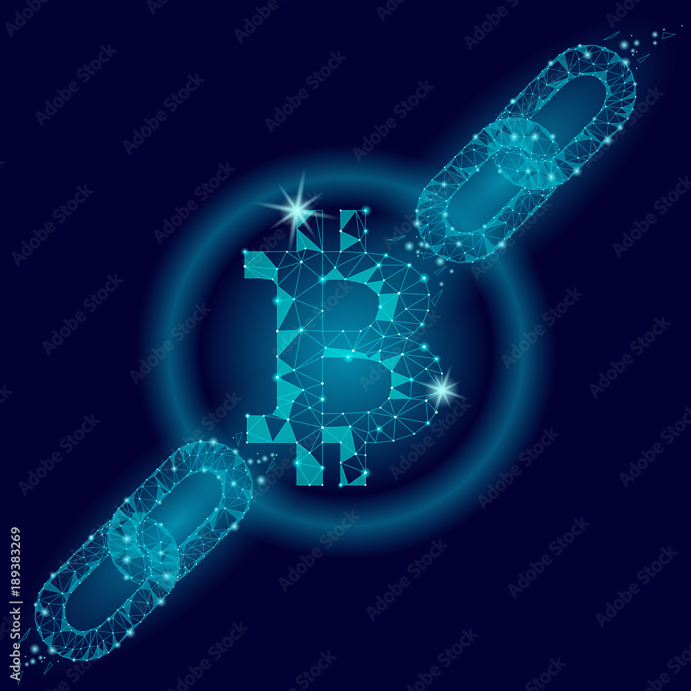 Poster blockchain bitcoin cryptocurrency mining finance business concept. polygonal coin link web symbol. g