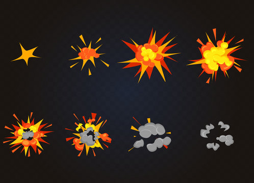 Top view of vector flash explosion effect, bomb boom. Cartoon explosion animation game frames.