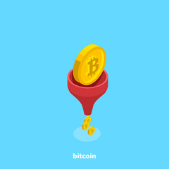 Bitcoin coin falls into the watering can and comes out of it in small coins, isometric image