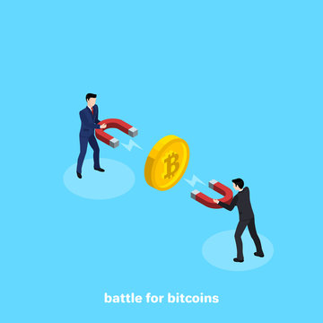 Men in business suits with magnets fight for bitcoins, isometric image