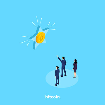 a man in a business suit shows colleagues a star with bitcoin, an isometric image