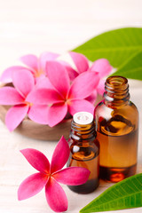 Frangipani Absolute Oil and red plumeria flowers on the wooden table