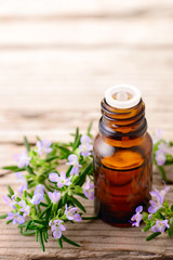 fresh rosemary flowers and essential oils on the table