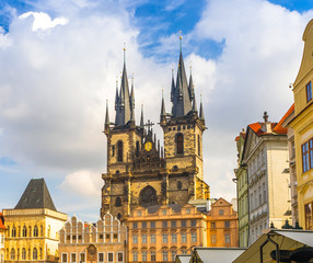 Fototapeta premium The Church of the Virgin Mary in front of Tyn in the center of Prague, in the Czech Republic. Medieval Gothic temple. It is located on the Old Town Square. Catholic cathedral.
