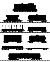 Set of train and different types of freight wagons. Detailed isolated raster illustration.