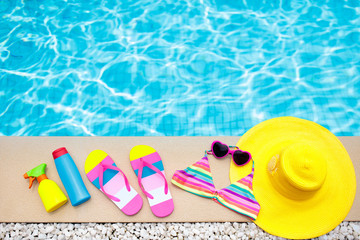 Pool and beach items flat lay. Summer vacation.