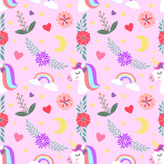 Unicorn set flowers design on pink