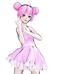 3D sexy anime doll girl big blue eyes and bright makeup. Pink dress. Cartoon, comics, sketch,...