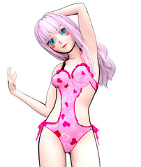 3D sexy anime doll girl big blue eyes and bright makeup. Pink swimsuit with hearts . Cartoon, comics, sketch, drawing, manga illustration. Conceptual fashion art. Seductive candid pose.