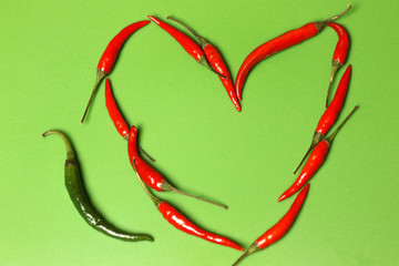 Chilli peppers heart on a green background. Top view.