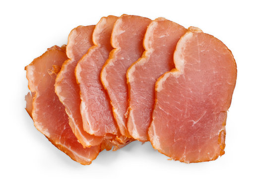 Smoked ham slices isolated on white