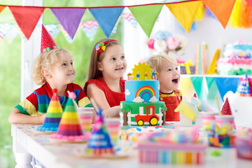 Fototapeta premium Kids party. Birthday cake with candles for child.