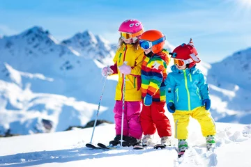 Wall murals Winter sports Ski and snow winter fun for kids. Children skiing.