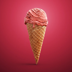 Realistic strawberry ice cream cone with shadow, isolated on pink background. 3D illustration