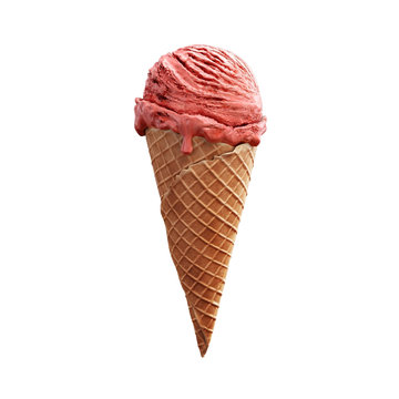Close-up delicious strawberry ice cream with beautiful melting ice on white background. 3D illustration