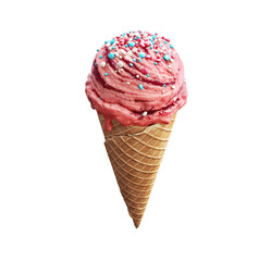 Strawberry ice cream in waffle cone with sprinkle from multicolored balls and jam isolated on white background. Celebration concept. 3D illustration