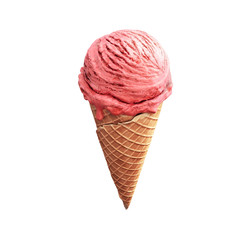 Highly detailed delicious strawberry ice cream in waffle cone isolated on white background. 3D illustration