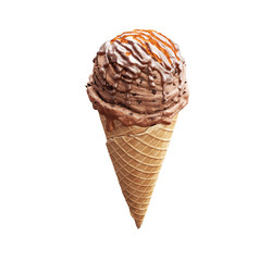 Close-up delicious coffee ice cream in waffle cone with chocolate cream and caramel isolated on white background. 3D illustration