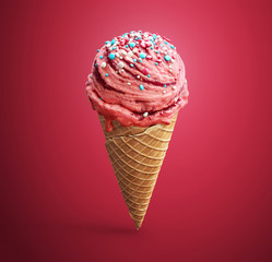 Strawberry ice cream in waffle cone with sprinkle from multicolored balls and jam isolated on red background. Celebration concept. 3D illustration