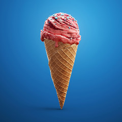 Strawberry ice cream in waffle cone with sprinkle from multicolored balls and jam isolated on blue background. Celebration concept. 3D illustration
