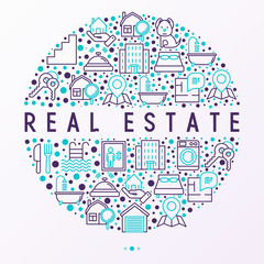 Rea estate concept in circle with thin line icons: apartment house, bedroom, keys, elevator, swimming pool, bathroom, facilities. Modern vector illustration for web page, print media.