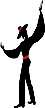 Stylized silhouette of a male flamenco dancer in a hat and with red belt