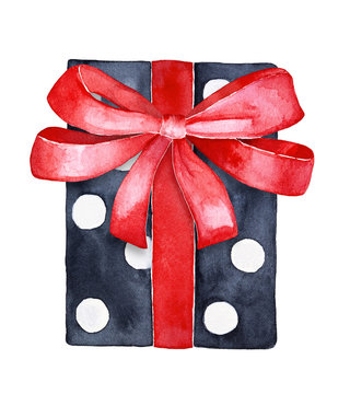 Holiday gift box, black and white contrast paper with spots and red satin ribbon decoration. One single element, top view, square form. Hand drawn water color illustration, white background, cut out.
