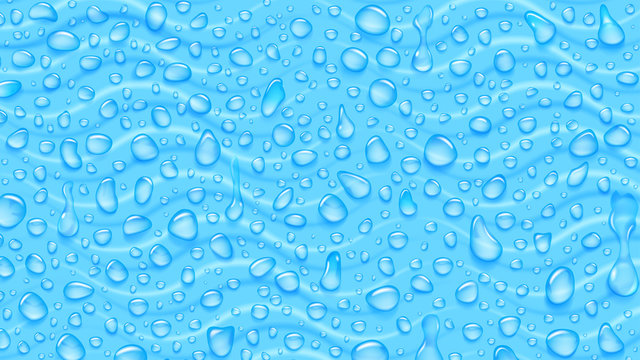 Background of waves and water drops of different shapes with shadows in light blue colors
