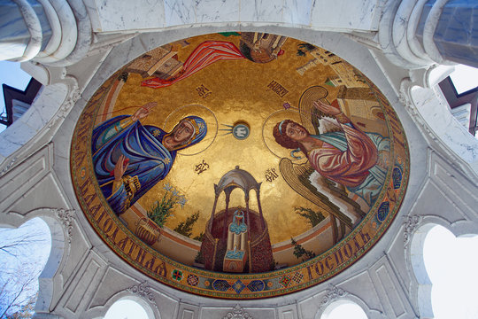 Religious painting inside a ciborium of Epiphany Cathedral. Gorlovka, Ukraine
