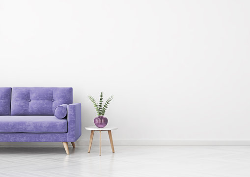 Livingroom interior wall mock up with violet velvet sofa, plant in vase and coffee table on empty white background. 3D rendering.