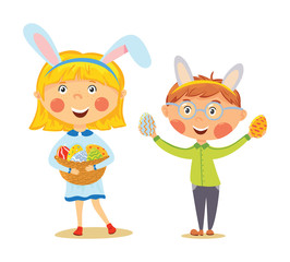 Easter kids in bunny ears with basket full of eggs