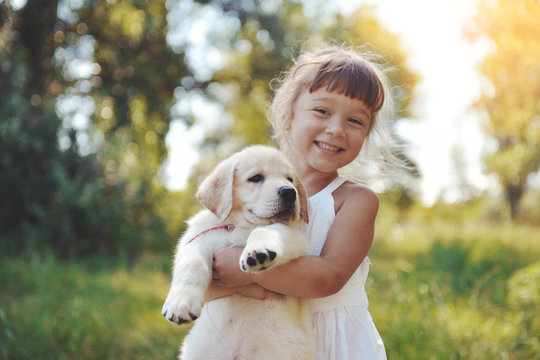 Little girl with a Golden retriever puppy